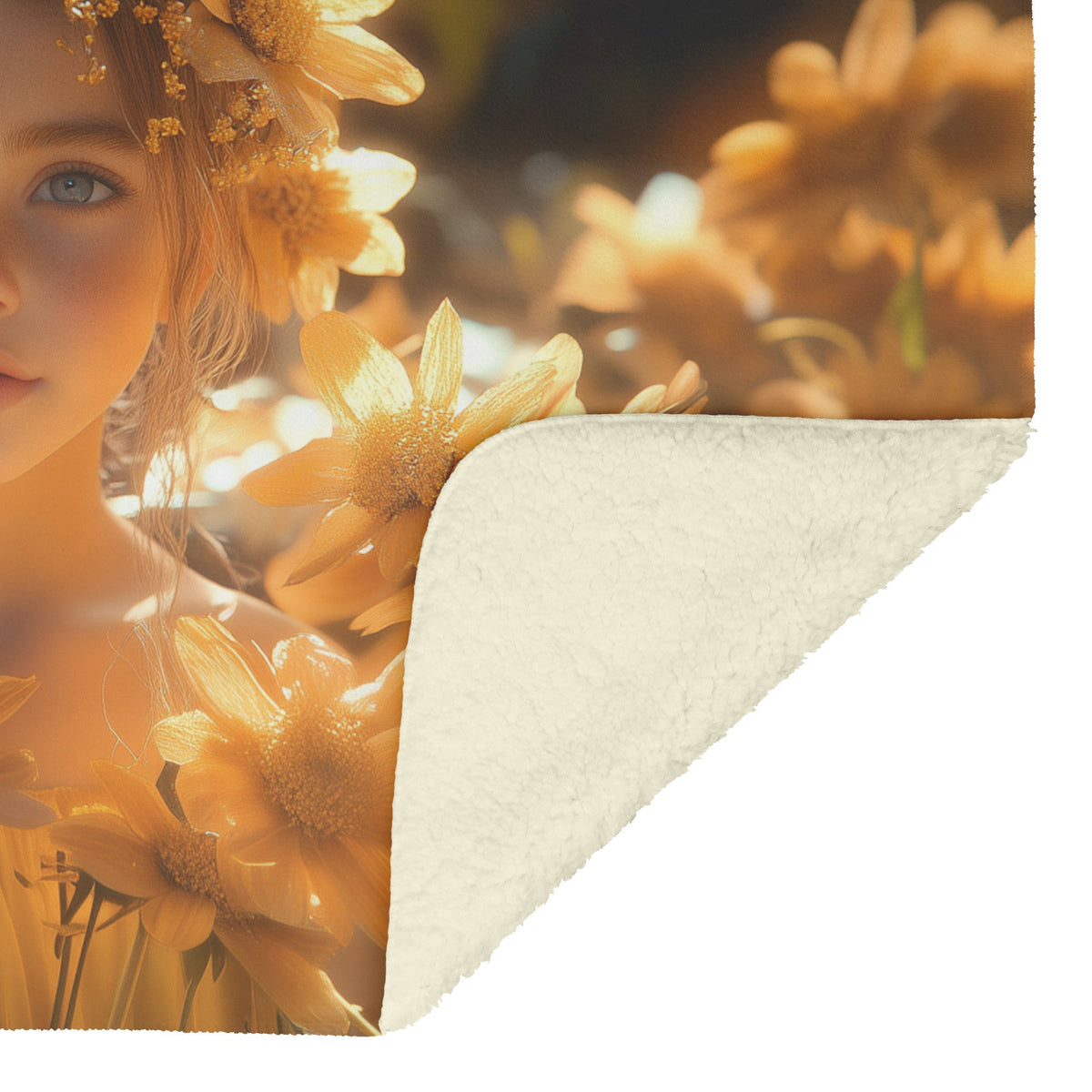 Soft and Cozy Fleece Sherpa Blanket with Girl Surrounded by Sunflowers in Dreamy Floral Setting - Awakening Righteousness