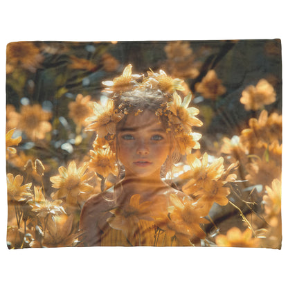 Soft and Cozy Fleece Sherpa Blanket with Girl Surrounded by Sunflowers in Dreamy Floral Setting - Awakening Righteousness