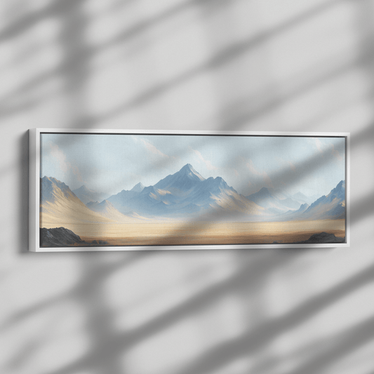 Soft Muted Nature Illustration Flat Plain Distant Mountains Beige Gray Tones Ultra High Definition Refined Textures Panoramic Framed Canvas Wall Art - Awakening Righteousness