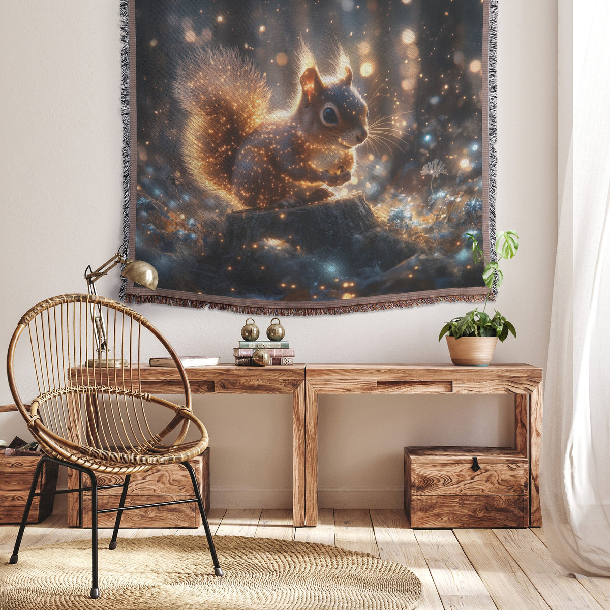 Squirrel with Glowing Fur in Bioluminescent Forest Scene Woven Throw Blanket with Shimmering Blue and Green Design - Awakening Righteousness