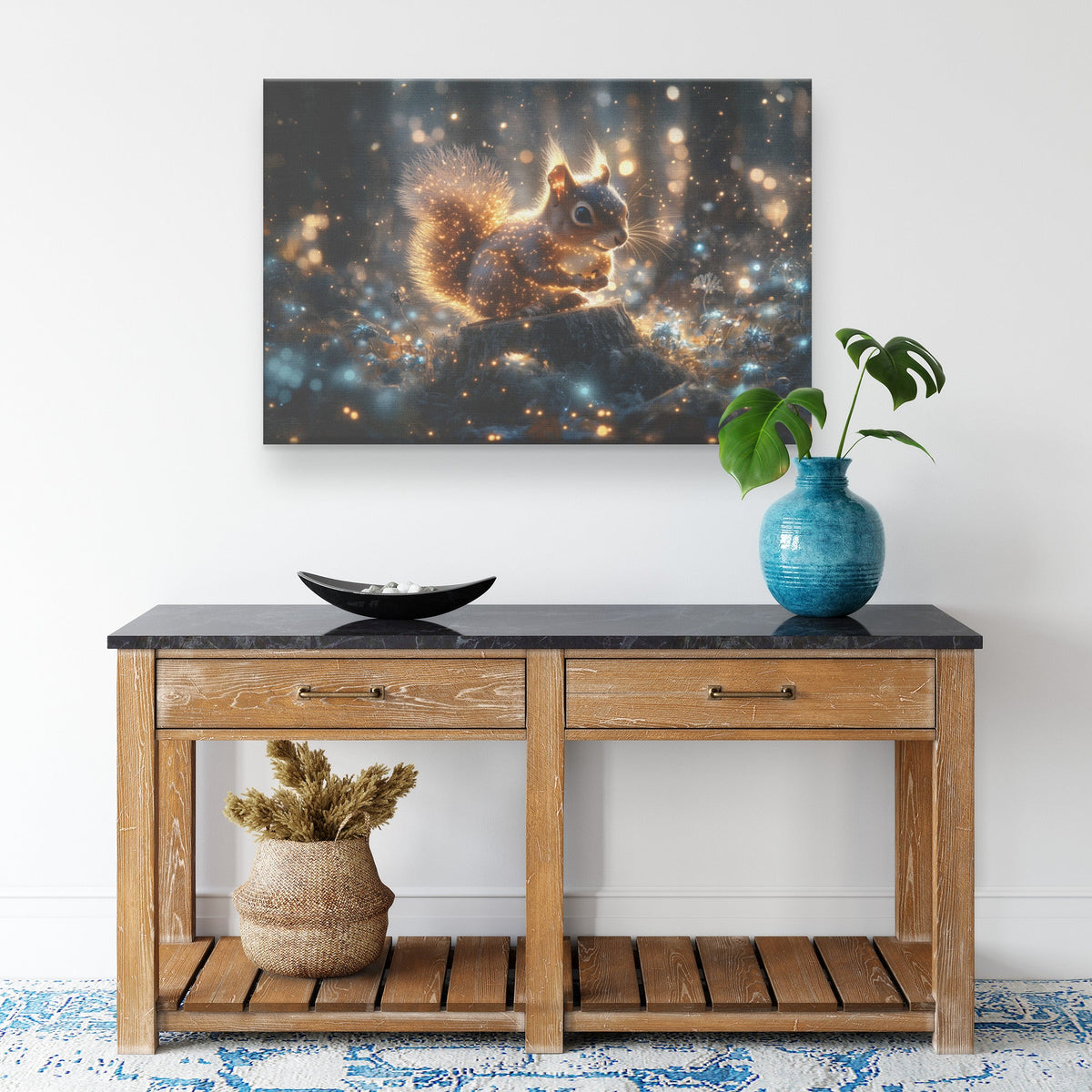 Squirrel with Glowing Fur on Tree Stump in Bioluminescent Forest with Shimmering Blue and Green Plants Canvas Wall Art - Awakening Righteousness