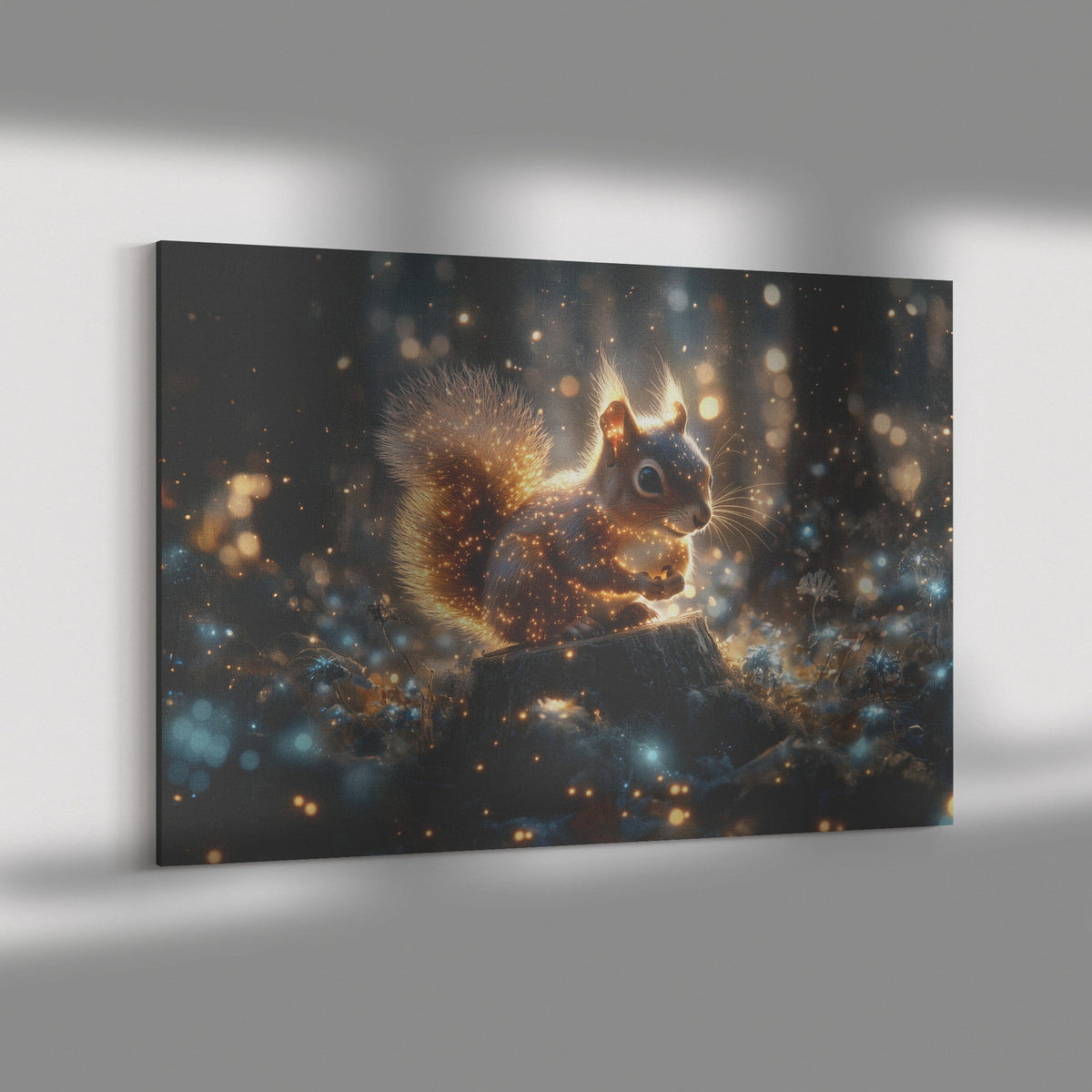 Squirrel with Glowing Fur on Tree Stump in Bioluminescent Forest with Shimmering Blue and Green Plants Canvas Wall Art - Awakening Righteousness