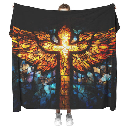 Stained Glass Angel Wing Cross Radiant Light Design Fleece Sherpa Blanket Christian Home Decor for Faith and Comfort - Awakening Righteousness