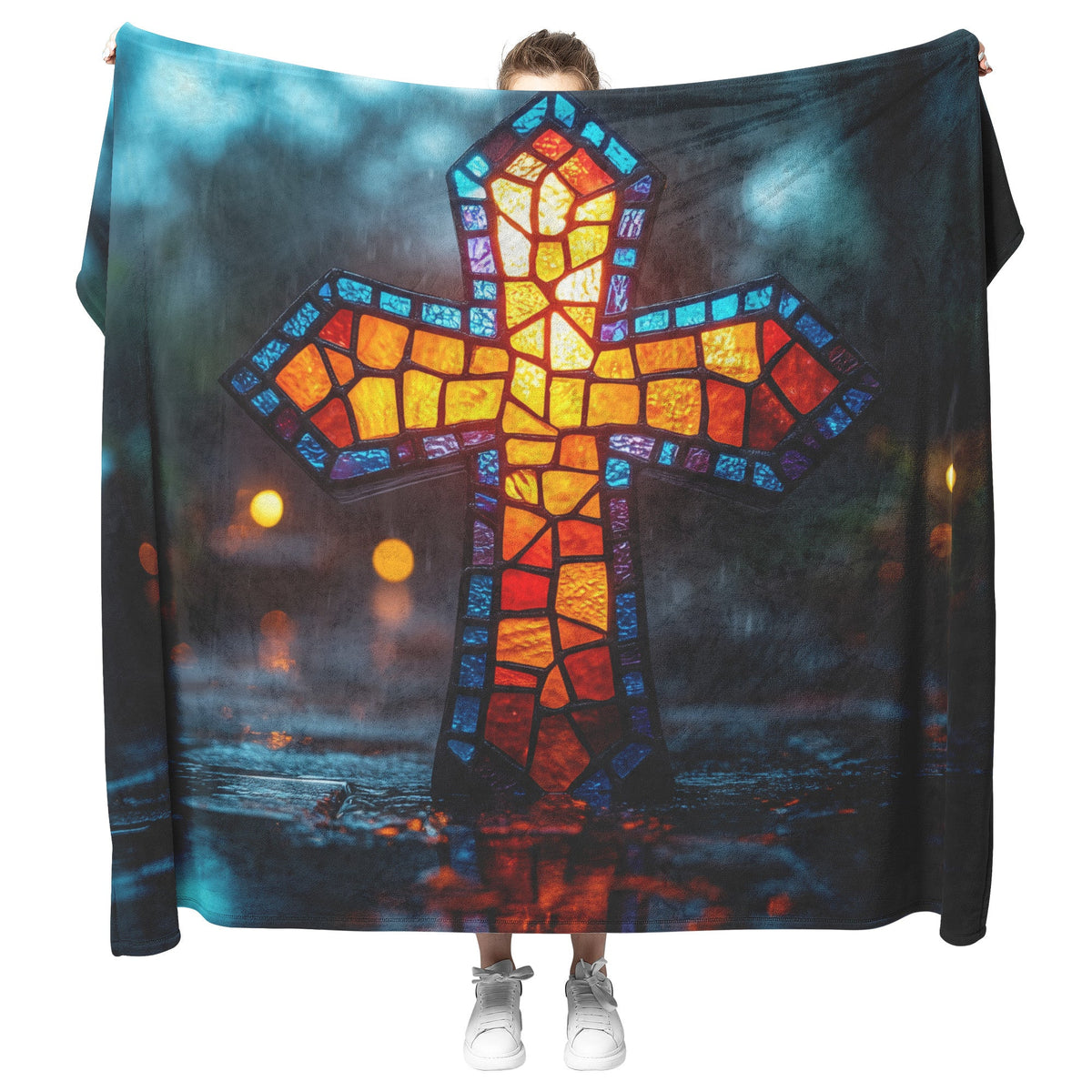 Stained Glass Cross Fleece Sherpa Blanket Vibrant Rainy Night Design Christian Art Cozy Inspirational Gift - Awakening Righteousness