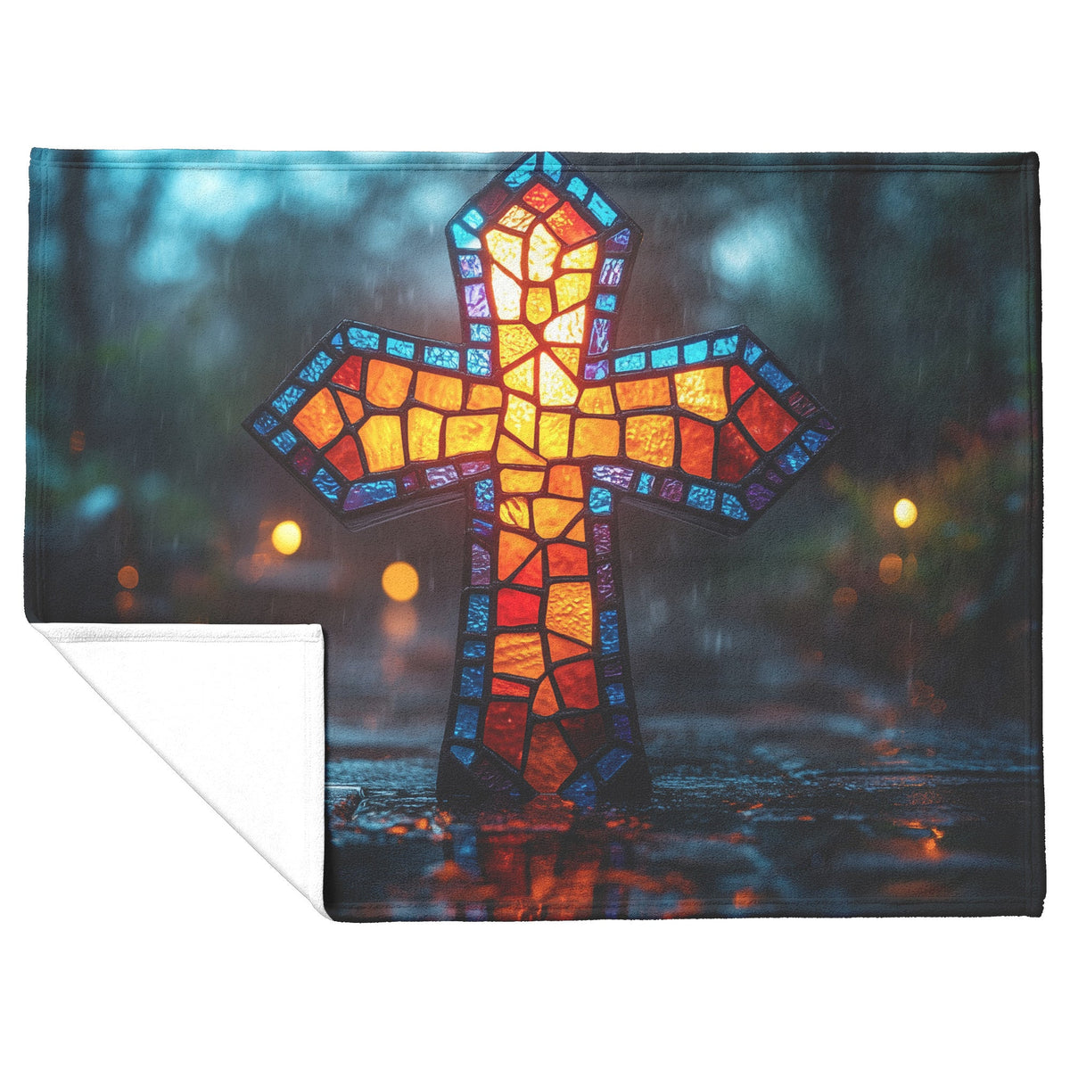 Stained Glass Cross Fleece Sherpa Blanket Vibrant Rainy Night Design Christian Art Cozy Inspirational Gift - Awakening Righteousness