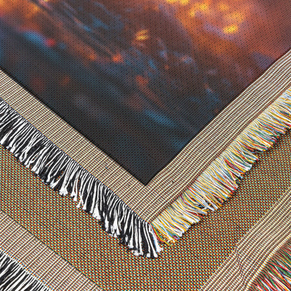 Stained Glass Cross Glowing in Fiery Light Surrounded by Flames Woven Throw Blanket for Home Decor - Awakening Righteousness
