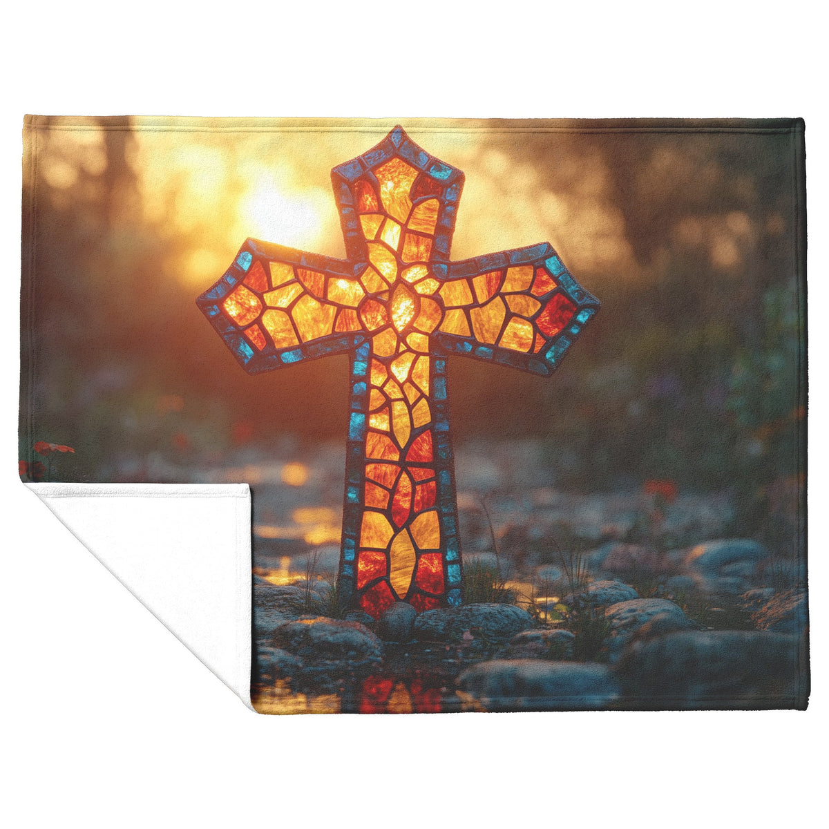 Stained Glass Cross in Sunset Glow Fleece Sherpa Blanket Radiant Christian Art Cozy Inspirational Gift - Awakening Righteousness