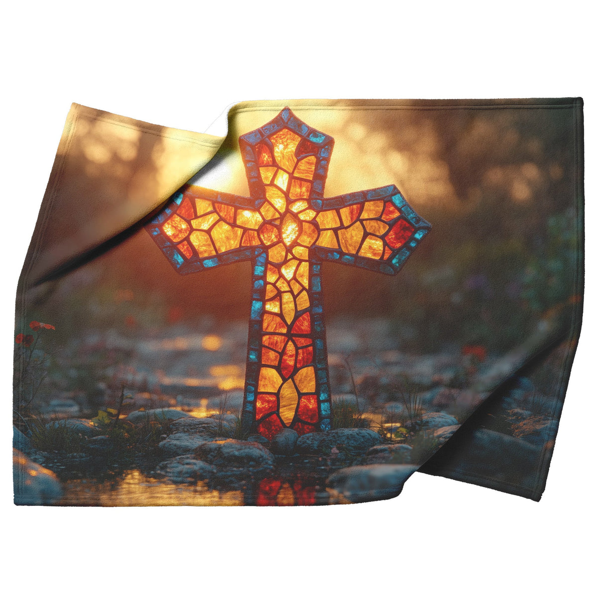 Stained Glass Cross in Sunset Glow Fleece Sherpa Blanket Radiant Christian Art Cozy Inspirational Gift - Awakening Righteousness