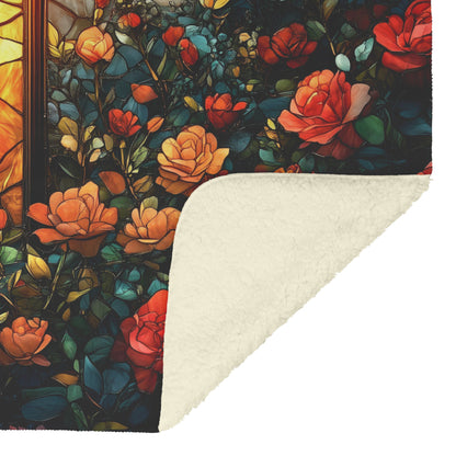 Stained Glass Cross Surrounded by Vibrant Roses Fleece Sherpa Blanket Christian Cozy Comfort Inspirational Floral Gift - Awakening Righteousness