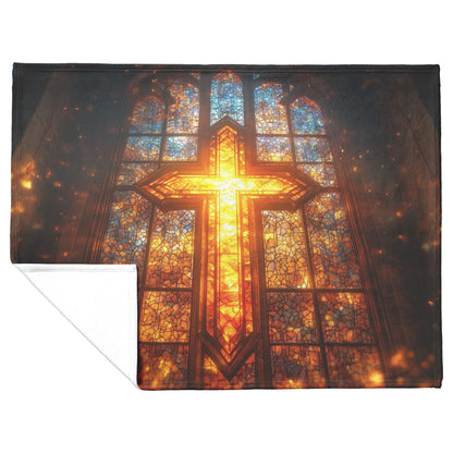 Stained Glass Cross Window Sunlight Sherpa Fleece Blanket Inspirational Christian Home Decor - Awakening Righteousness