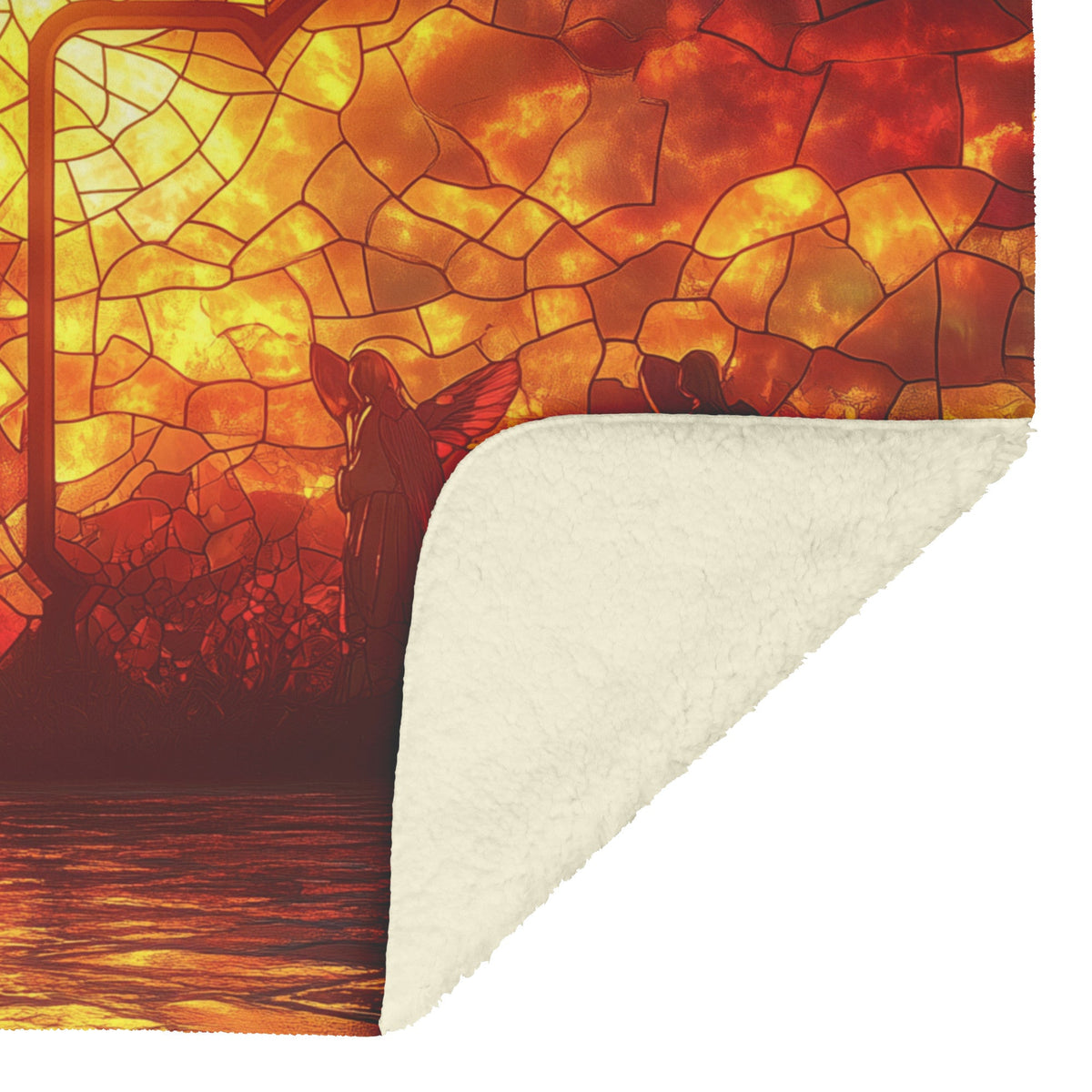 Stained Glass Cross with Angels and Sunset Glow Fleece Sherpa Blanket Christian Decor for Faith Comfort and Inspiration - Awakening Righteousness