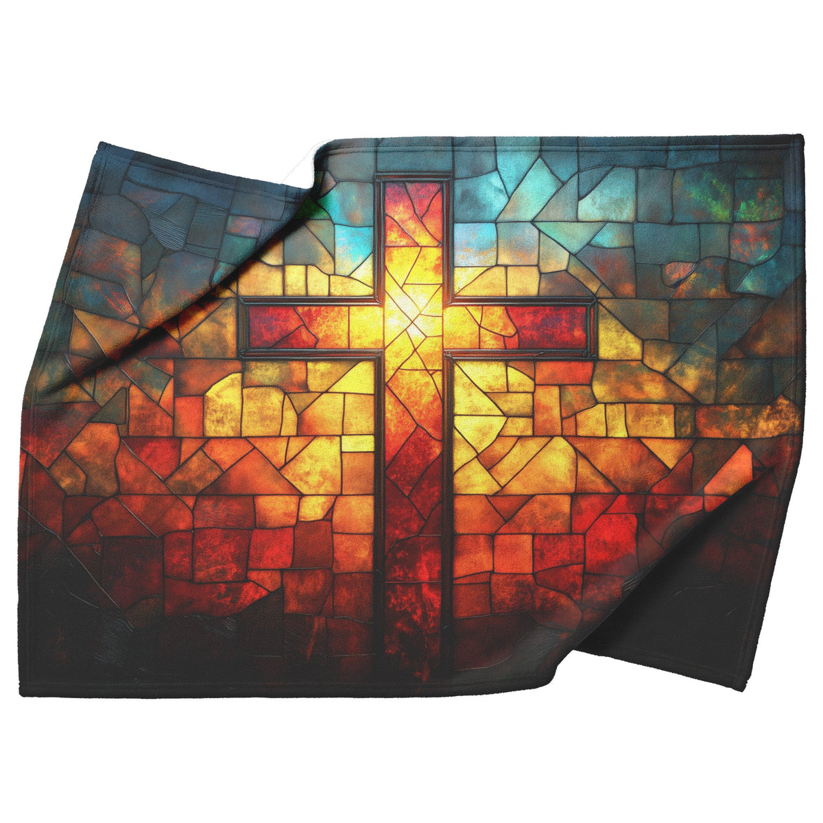 Stained Glass Cross with Fiery Glow Design Fleece Sherpa Blanket Christian Home Decor for Comfort and Inspiration - Awakening Righteousness