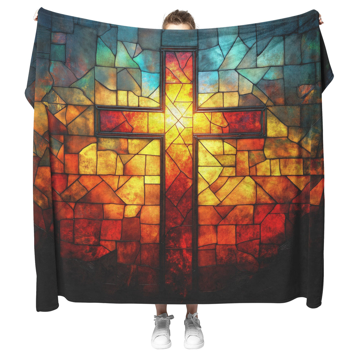 Stained Glass Cross with Fiery Glow Design Fleece Sherpa Blanket Christian Home Decor for Comfort and Inspiration - Awakening Righteousness