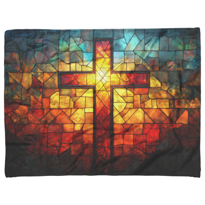 Stained Glass Cross with Fiery Glow Design Fleece Sherpa Blanket Christian Home Decor for Comfort and Inspiration - Awakening Righteousness