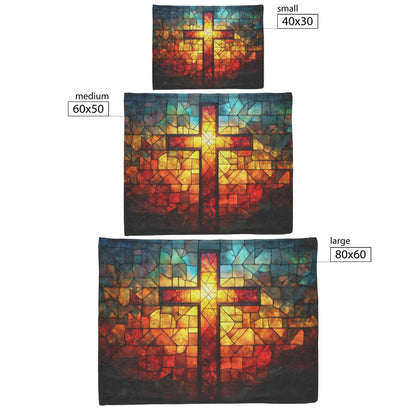 Stained Glass Cross with Fiery Glow Design Fleece Sherpa Blanket Christian Home Decor for Comfort and Inspiration - Awakening Righteousness