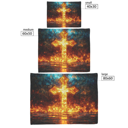 Stained Glass Cross with Fiery Glow Design Fleece Sherpa Blanket Christian Home Decor for Faith Comfort and Inspiration - Awakening Righteousness