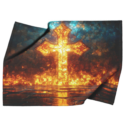 Stained Glass Cross with Fiery Glow Design Fleece Sherpa Blanket Christian Home Decor for Faith Comfort and Inspiration - Awakening Righteousness