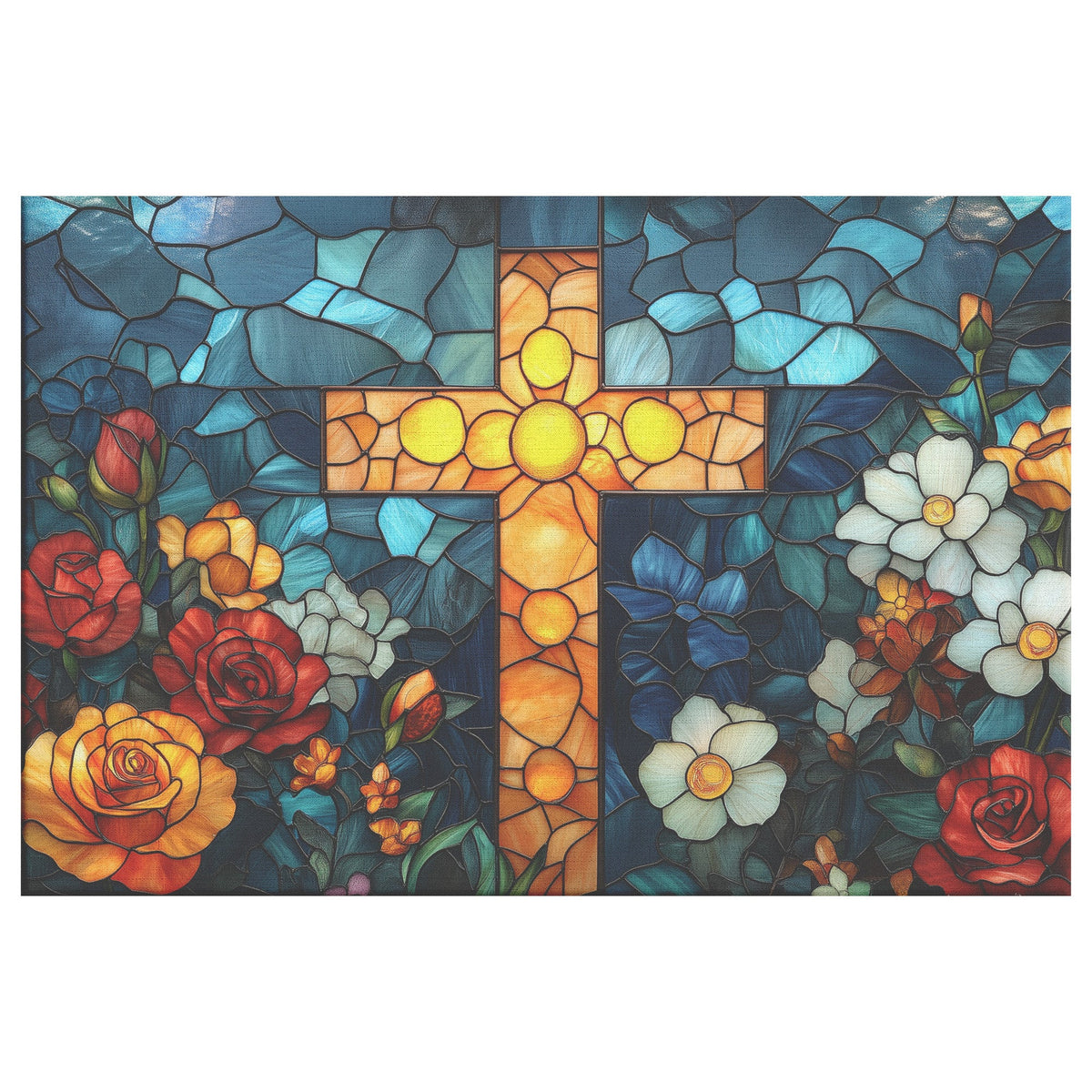 Stained Glass Cross with Radiant Glow and Floral Arrangement Christian Canvas Wall Art for Inspirational Decor - Awakening Righteousness