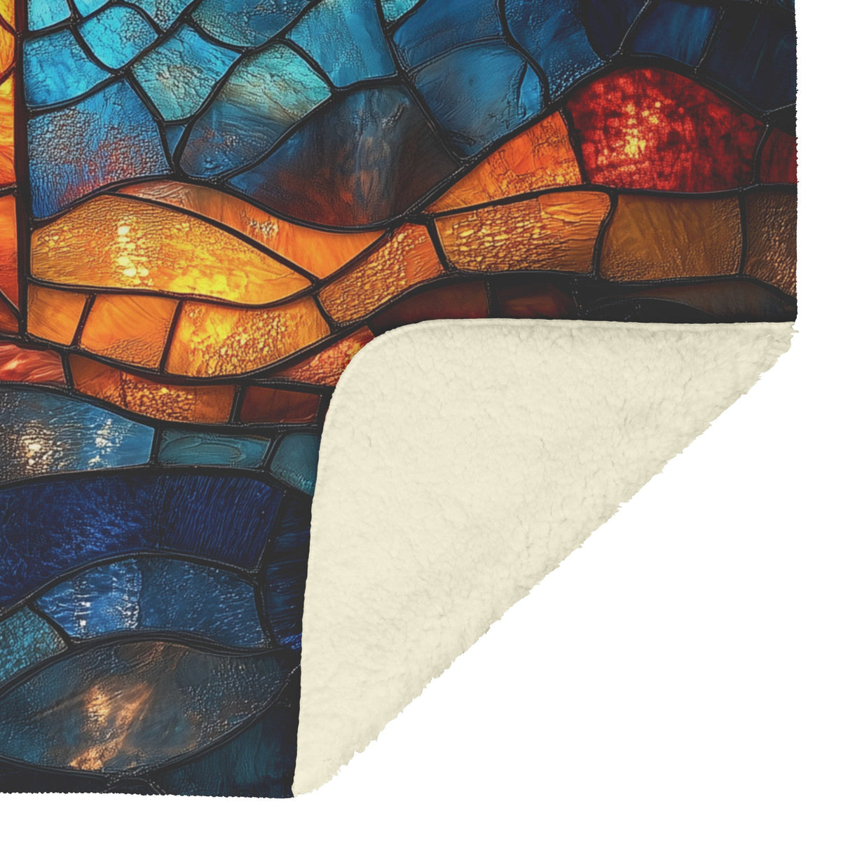 Stained Glass Cross with Radiant Sunset Waves Fleece Sherpa Blanket Christian Decor for Faith and Comfort - Awakening Righteousness