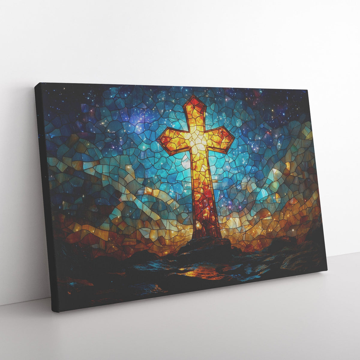 Stained Glass Cross with Starry Sky and Cosmic Glow Christian Canvas Wall Art for Spiritual and Inspirational Decor - Awakening Righteousness