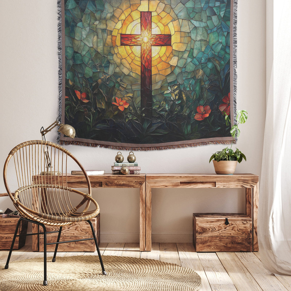 Stained Glass Cross with Sunlight and Flowers Woven Throw Blanket for Cozy Home Decor - Awakening Righteousness