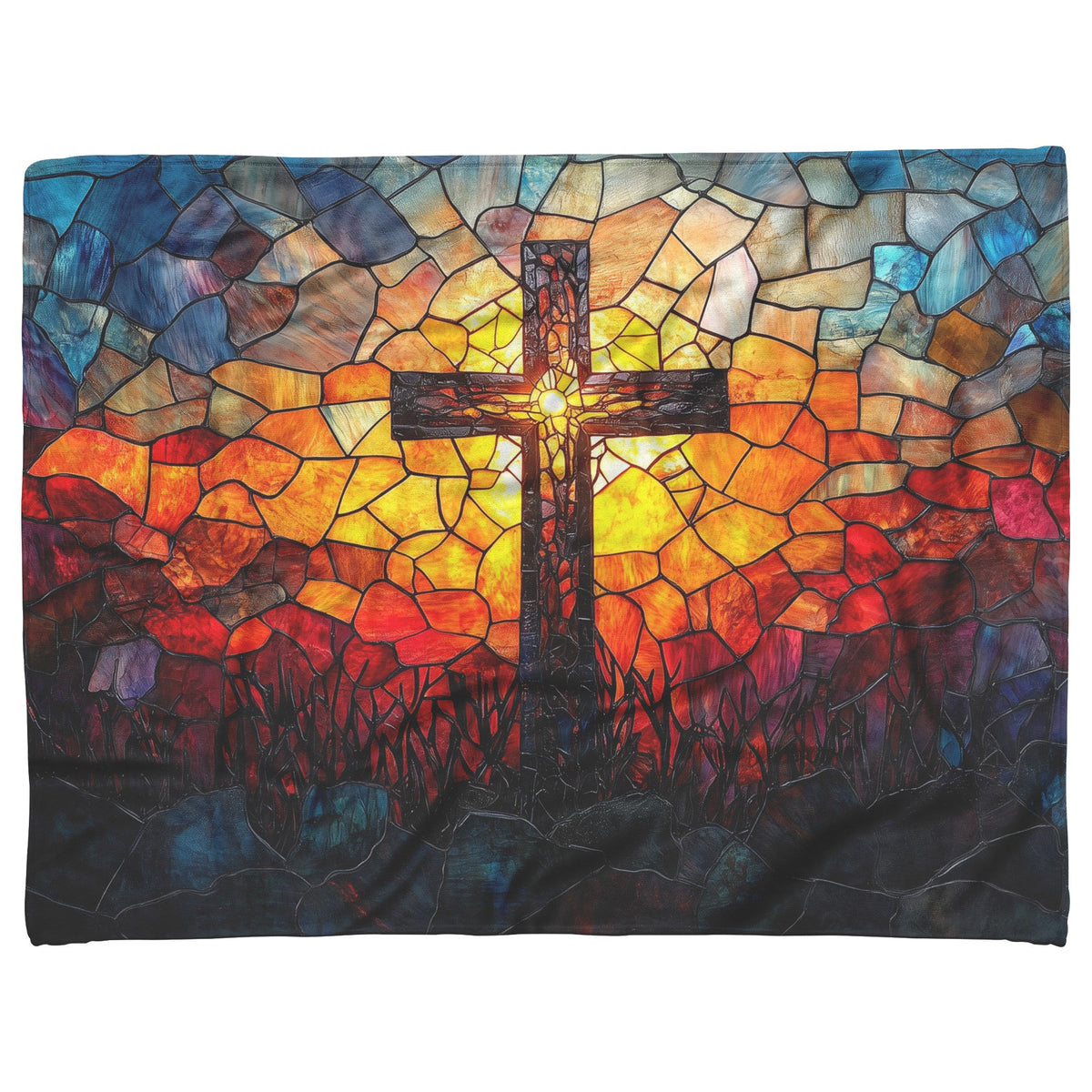Stained Glass Cross with Sunset Glow Design Fleece Sherpa Blanket Christian Home Decor for Comfort and Inspiration - Awakening Righteousness