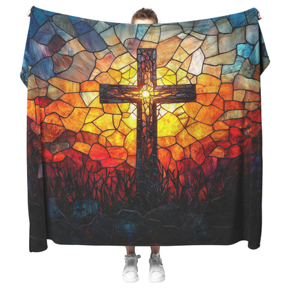 Stained Glass Cross with Sunset Glow Design Fleece Sherpa Blanket Christian Home Decor for Comfort and Inspiration - Awakening Righteousness