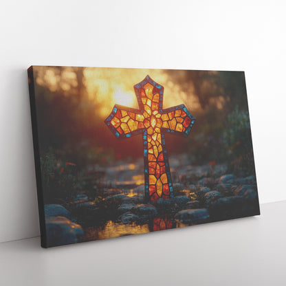 Stained Glass Cross with Sunset Glow Reflecting Faith Christian Canvas Wall Art for Home and Spiritual Decor - Awakening Righteousness
