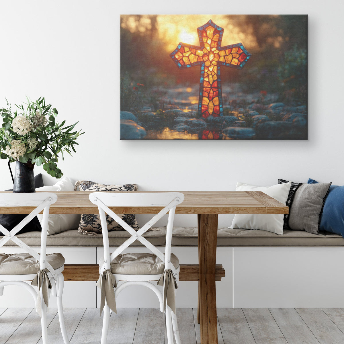 Stained Glass Cross with Sunset Glow Reflecting Faith Christian Canvas Wall Art for Home and Spiritual Decor - Awakening Righteousness