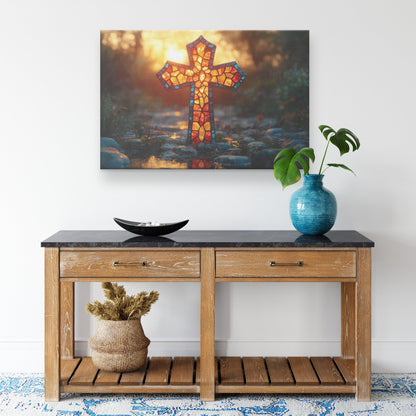 Stained Glass Cross with Sunset Glow Reflecting Faith Christian Canvas Wall Art for Home and Spiritual Decor - Awakening Righteousness