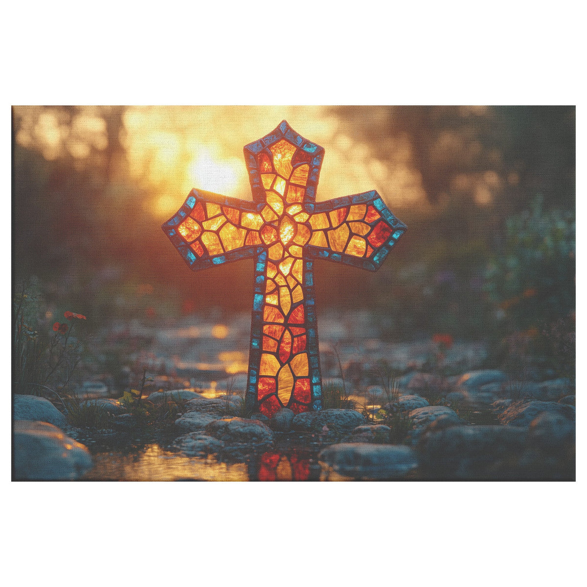 Stained Glass Cross with Sunset Glow Reflecting Faith Christian Canvas Wall Art for Home and Spiritual Decor - Awakening Righteousness