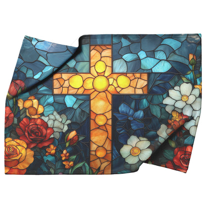 Stained Glass Cross with Vibrant Floral Design Fleece Sherpa Blanket Christian Decor for Comfort and Inspiration - Awakening Righteousness