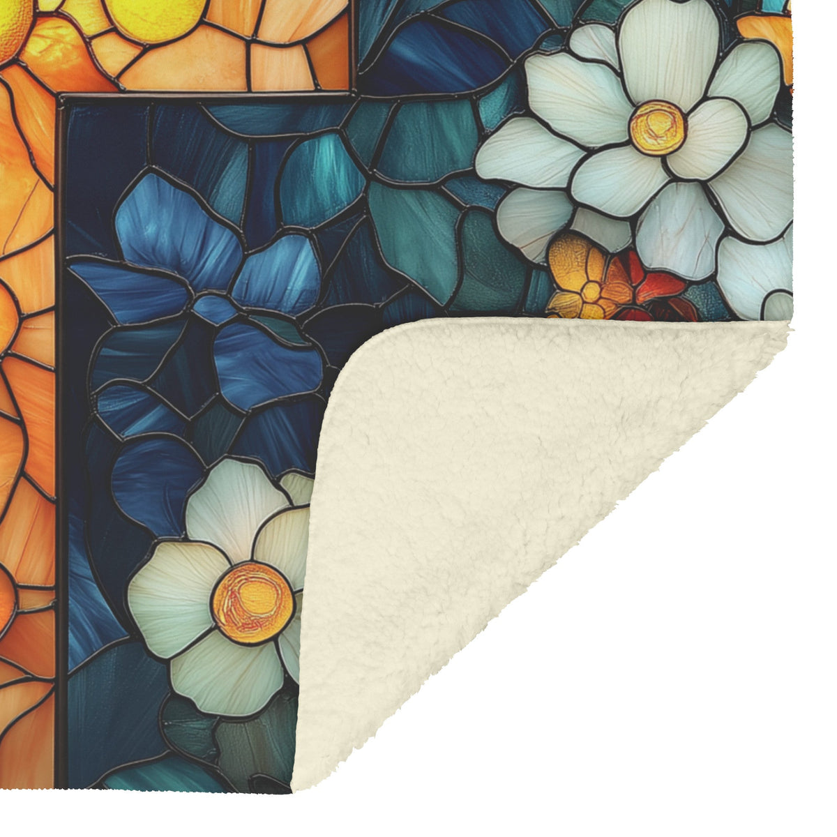 Stained Glass Cross with Vibrant Floral Design Fleece Sherpa Blanket Christian Decor for Comfort and Inspiration - Awakening Righteousness