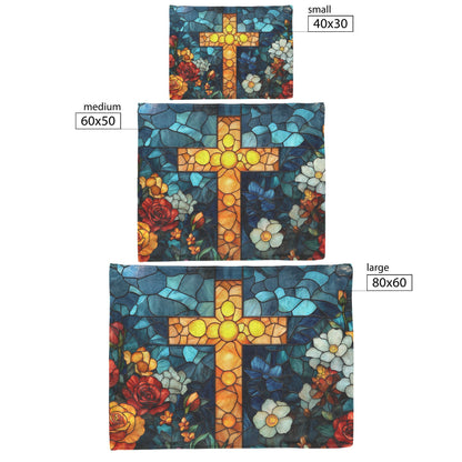 Stained Glass Cross with Vibrant Floral Design Fleece Sherpa Blanket Christian Decor for Comfort and Inspiration - Awakening Righteousness