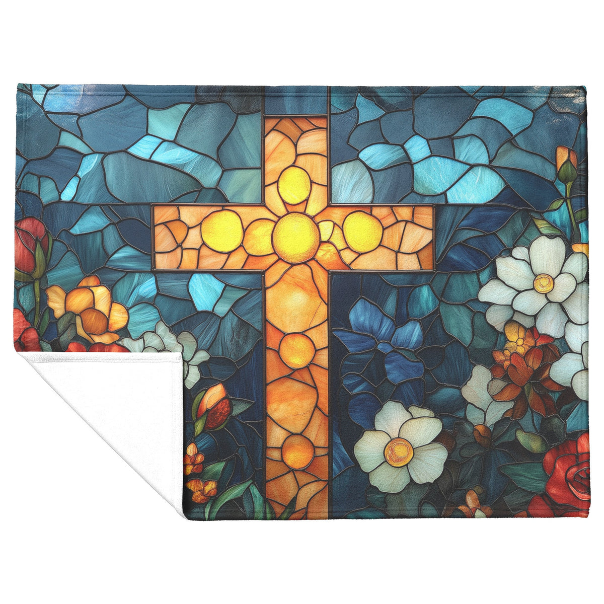 Stained Glass Cross with Vibrant Floral Design Fleece Sherpa Blanket Christian Decor for Comfort and Inspiration - Awakening Righteousness