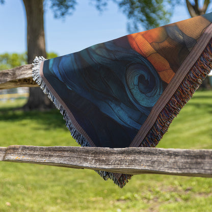 Stained Glass Cross with Waves and Sunset Glow Woven Throw Blanket for Cozy Home Decor - Awakening Righteousness