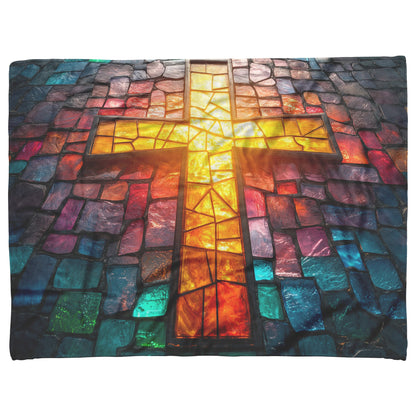 Stained Glass Radiant Cross Fleece Sherpa Blanket Vibrant Christian Home Decor Cozy Inspirational Gift - Awakening Righteousness