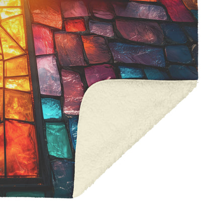 Stained Glass Radiant Cross Fleece Sherpa Blanket Vibrant Christian Home Decor Cozy Inspirational Gift - Awakening Righteousness