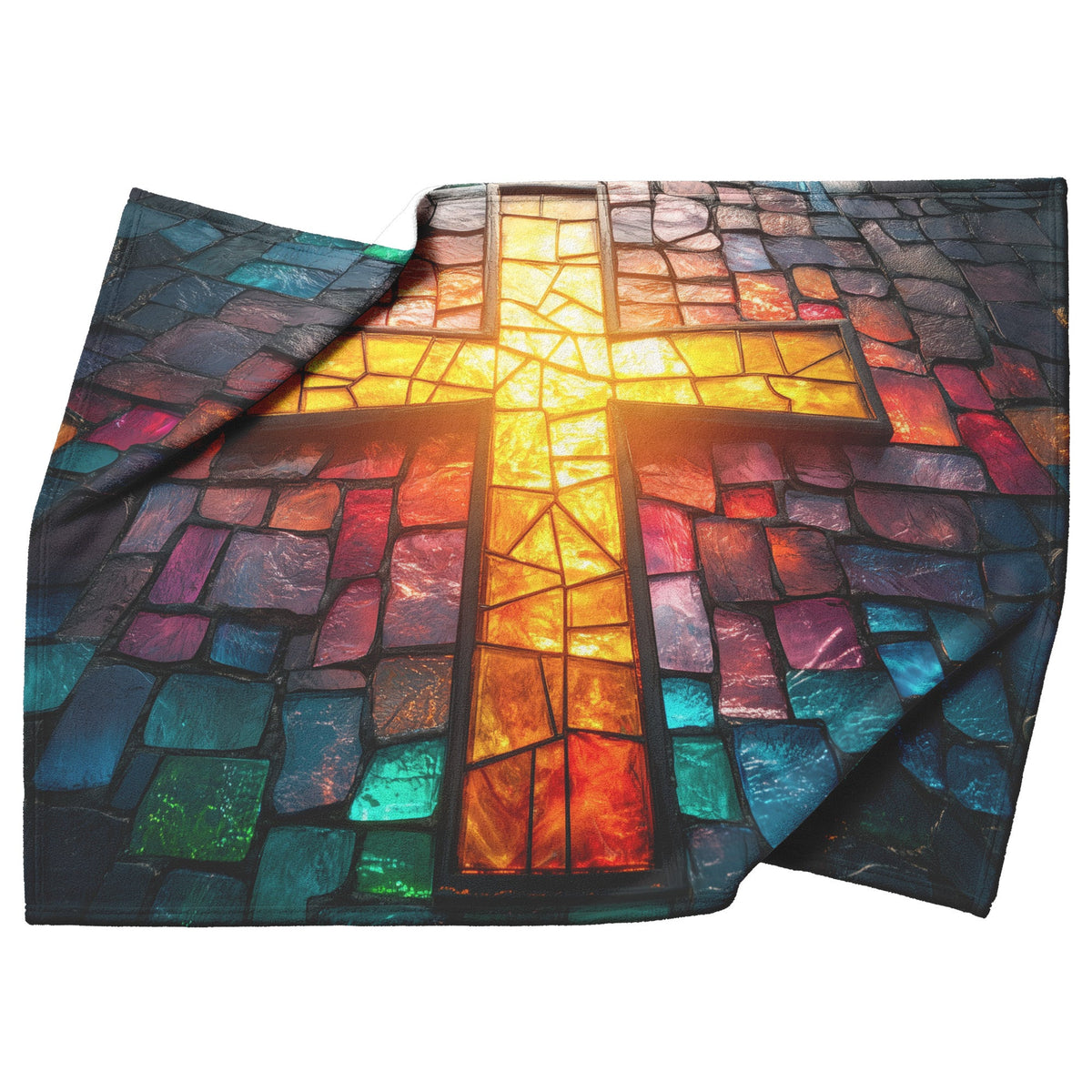 Stained Glass Radiant Cross Fleece Sherpa Blanket Vibrant Christian Home Decor Cozy Inspirational Gift - Awakening Righteousness