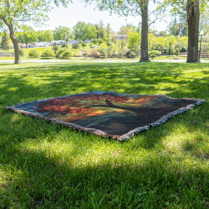 Stained Glass Tree of Life with Cross and Sunset Glow Woven Throw Blanket for Cozy Home Decor - Awakening Righteousness