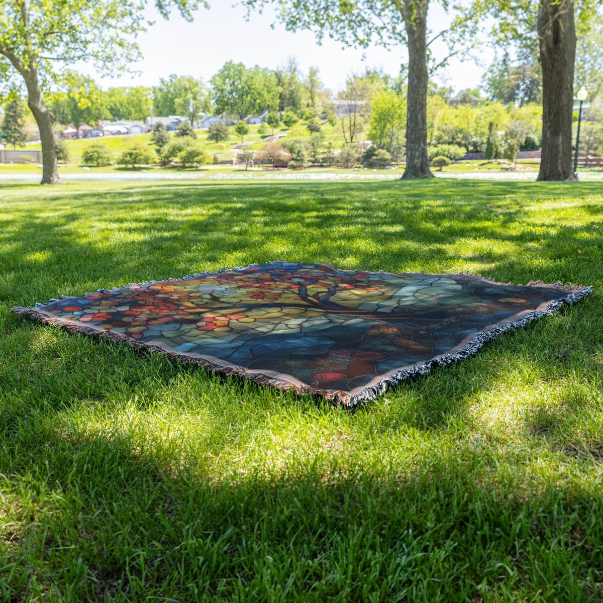 Stained Glass Tree of Life with Red and Orange Leaves and Sunset Woven Throw Blanket for Cozy Home Decor - Awakening Righteousness