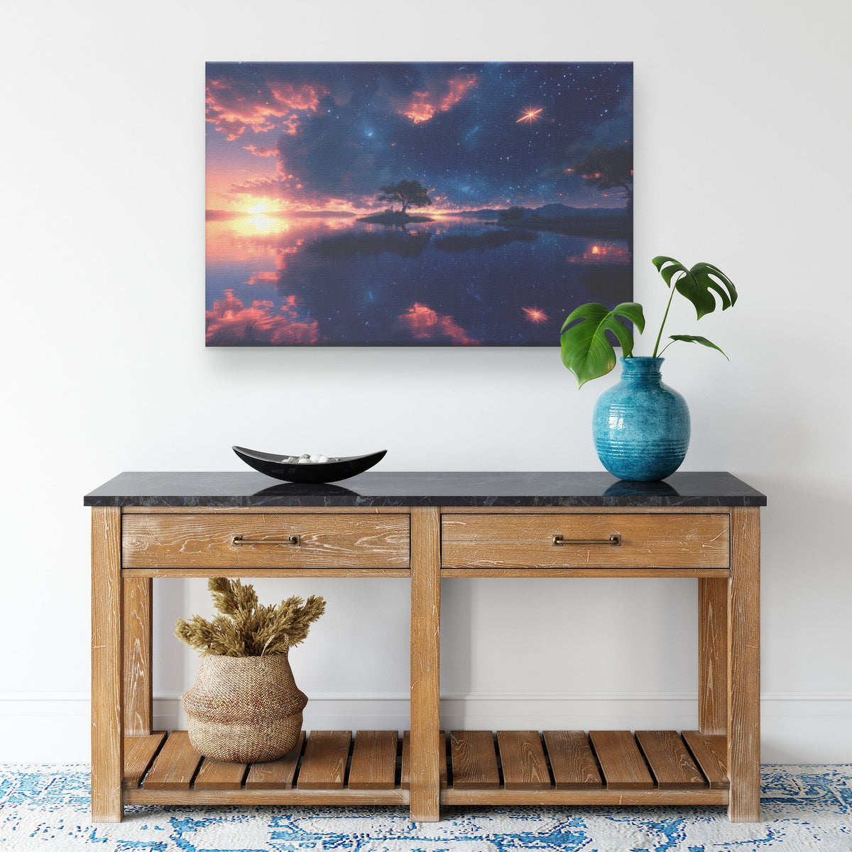 Starry Night Over Serene Lake with Fiery Sunset Christian Canvas Wall Art Decor - Awakening Righteousness