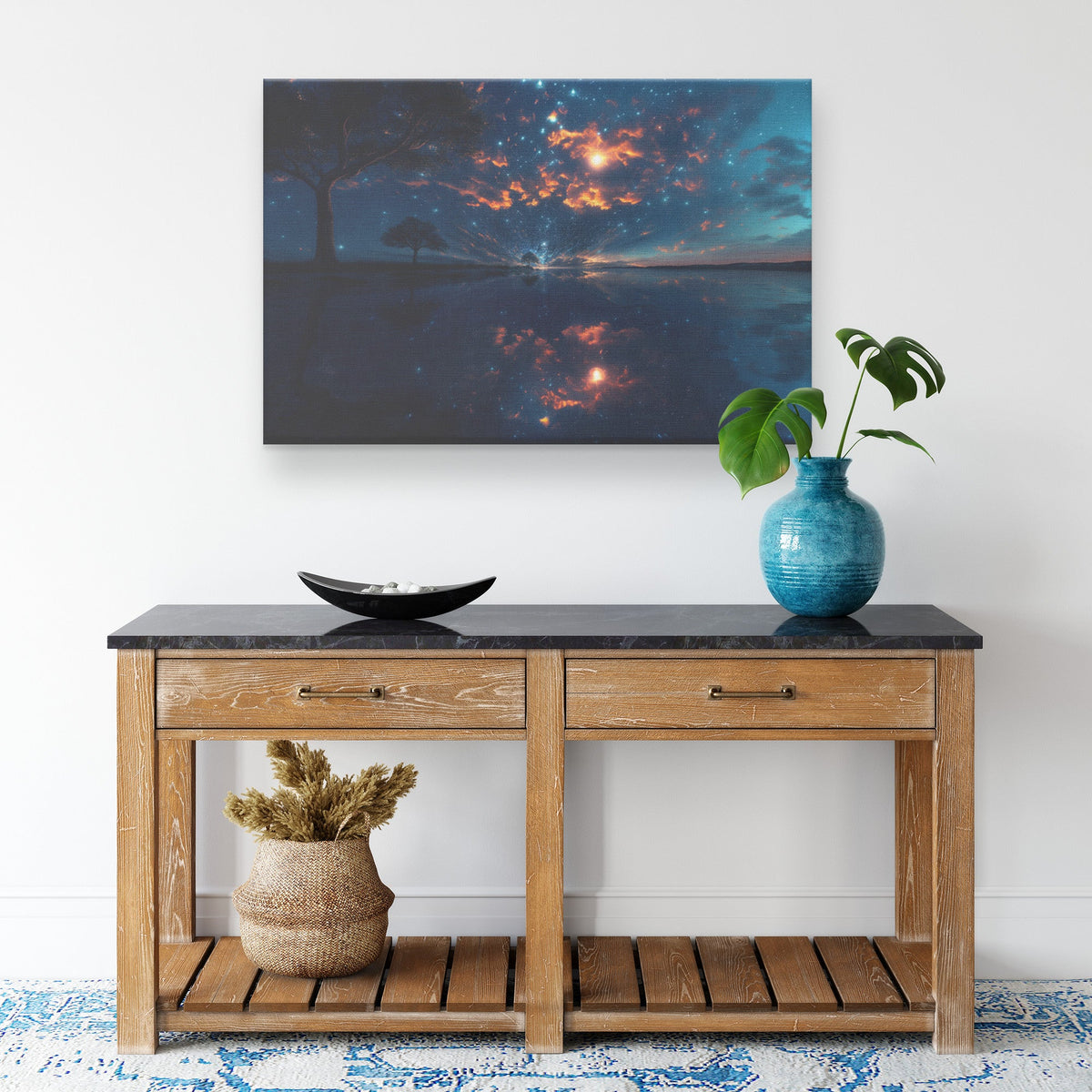 Starry Night Reflection Over Tranquil Lake Cosmic Landscape Canvas Wall Art Decor for Home or Office - Awakening Righteousness