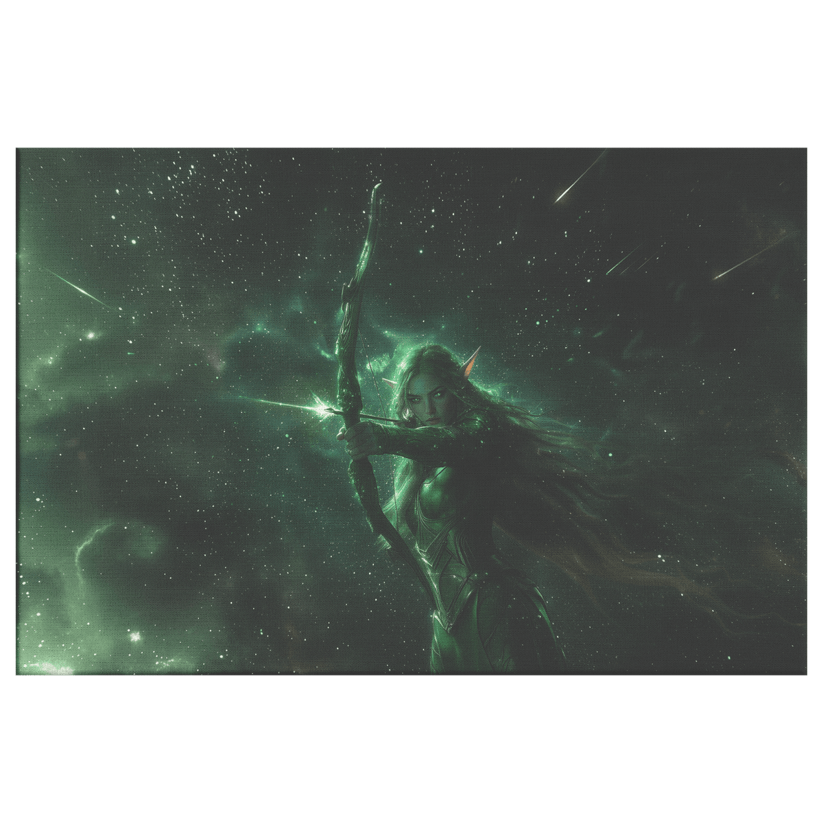 Stunning Female Night Elf Hunter in Green and Silver Armor with Glowing Bow Stars and Light Trails Canvas Wall Art - Awakening Righteousness