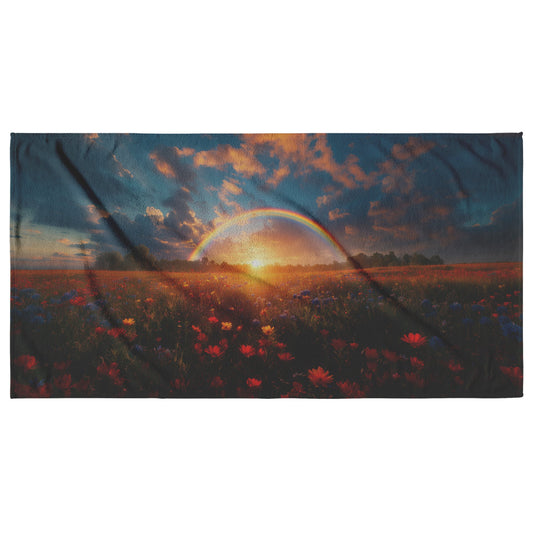 Stunning Rainbow Over Golden Field at Sunrise Beach Towel Glowing Light Vibrant Wildflowers Peaceful Blue Sky Clouds - Awakening Righteousness