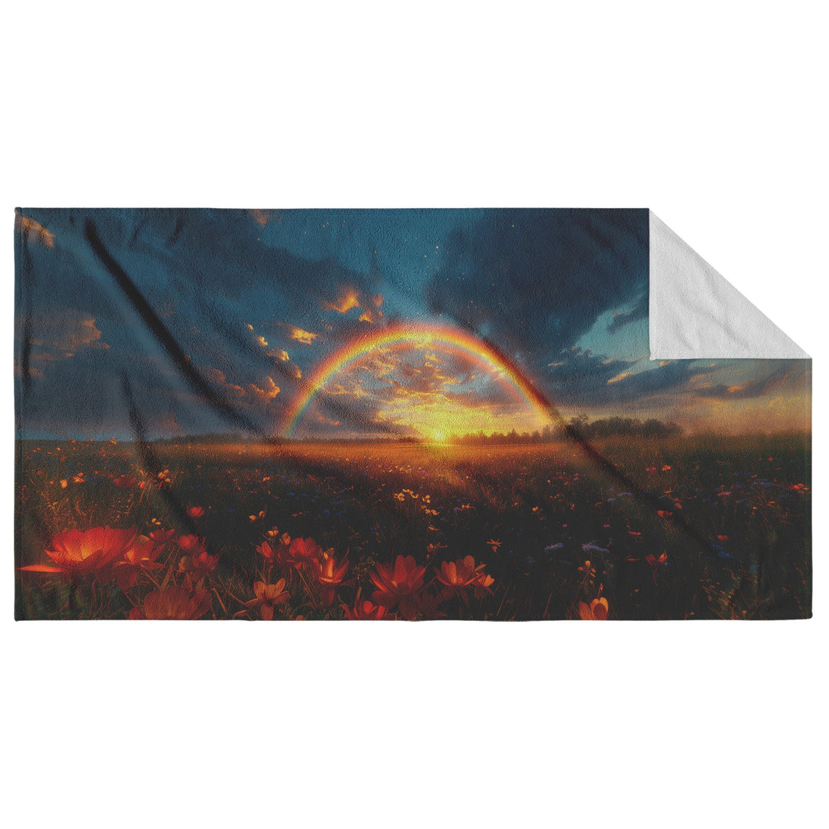 Stunning Rainbow Over Golden Field at Sunrise Beach Towel Glowing Soft Light Wildflowers Peaceful Blue Sky Clouds - Awakening Righteousness