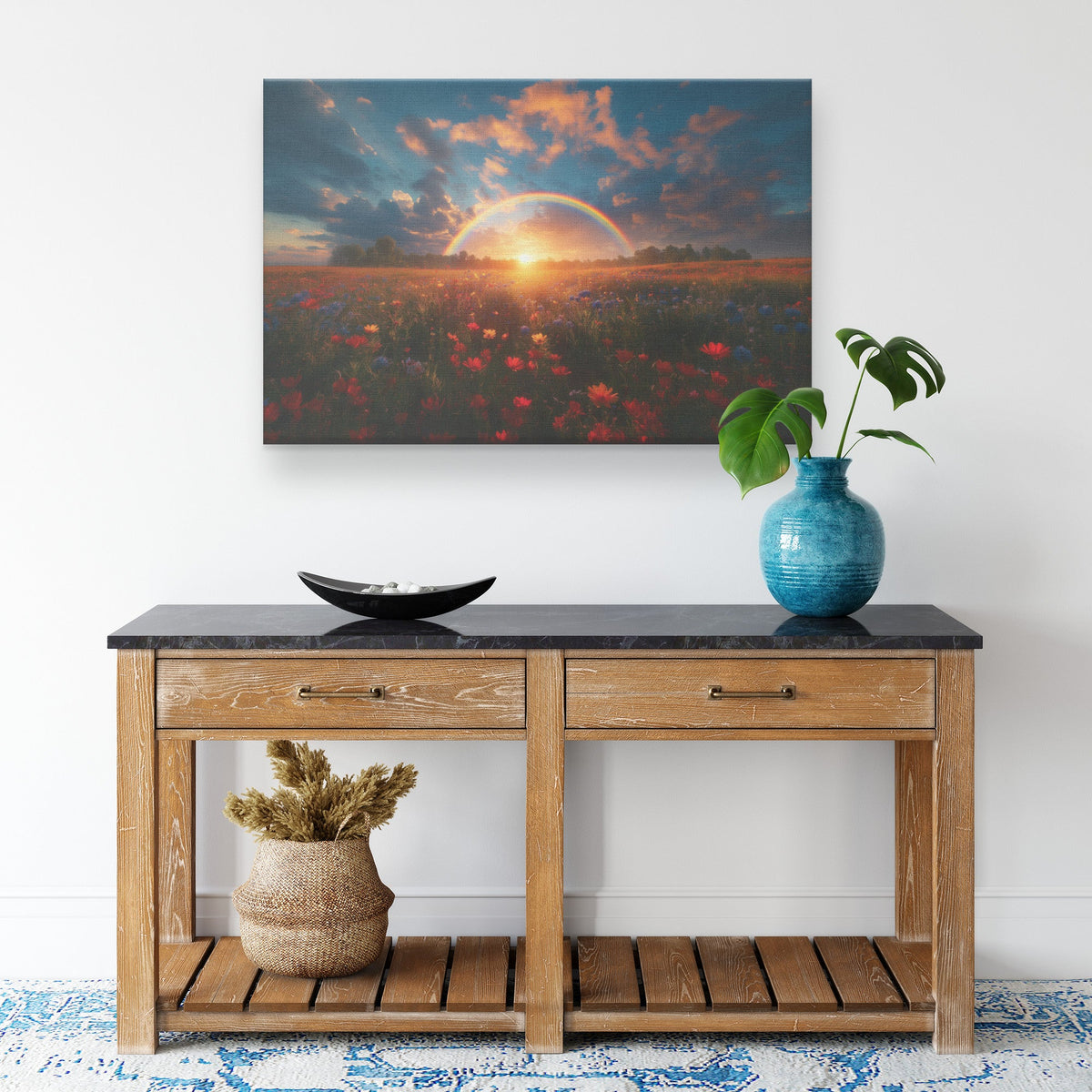 Stunning Rainbow Over Golden Field Sunrise Glowing Light Vibrant Wildflowers Peaceful Blue Sky Canvas Wall Art - Awakening Righteousness