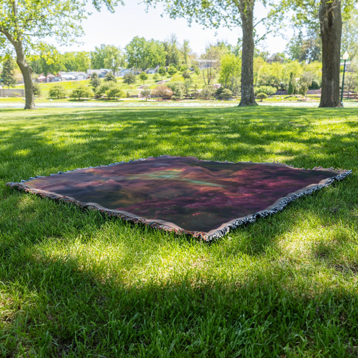 Stunning Woven Throw Blanket with Sunset Reflection Over Lake and Blooming Flowers in Mountain Landscape - Awakening Righteousness