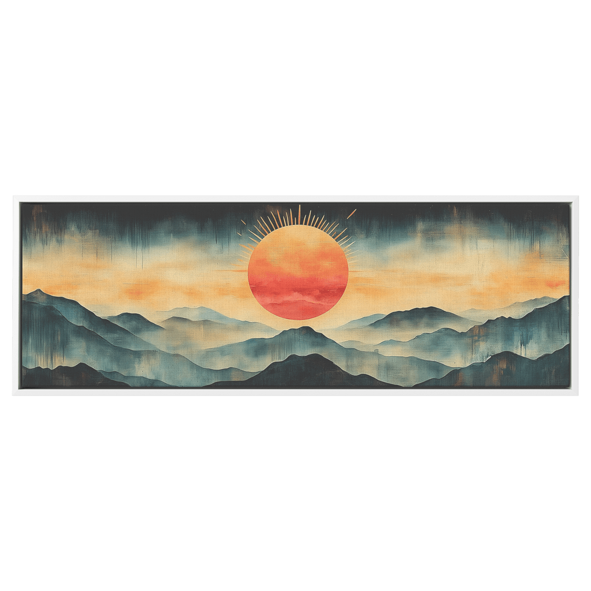Stylized Boho Artwork Sunburst Abstract Hills Warm Earthy Tones Ultra High Definition Soft Gradients Panoramic Framed Canvas Wall Art - Awakening Righteousness