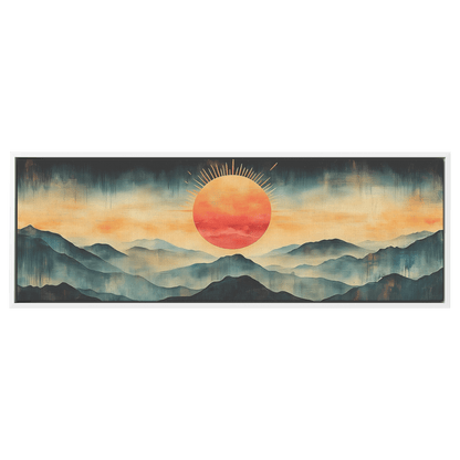Stylized Boho Artwork Sunburst Abstract Hills Warm Earthy Tones Ultra High Definition Soft Gradients Panoramic Framed Canvas Wall Art - Awakening Righteousness